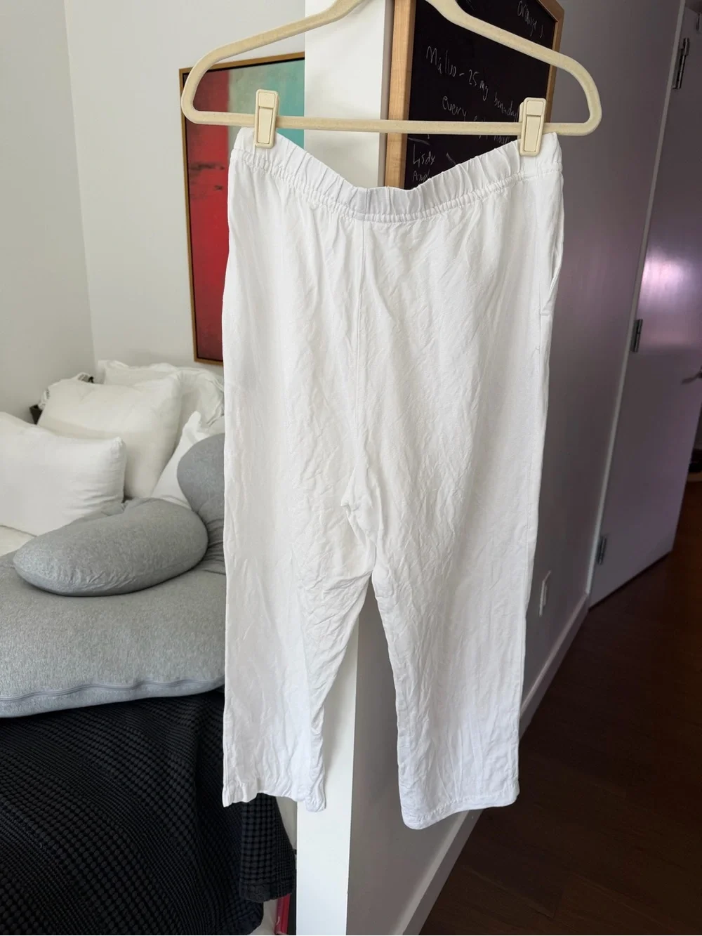 H&M White Linen Pants Cropped Elastic-Waist Tapered Classic Fit